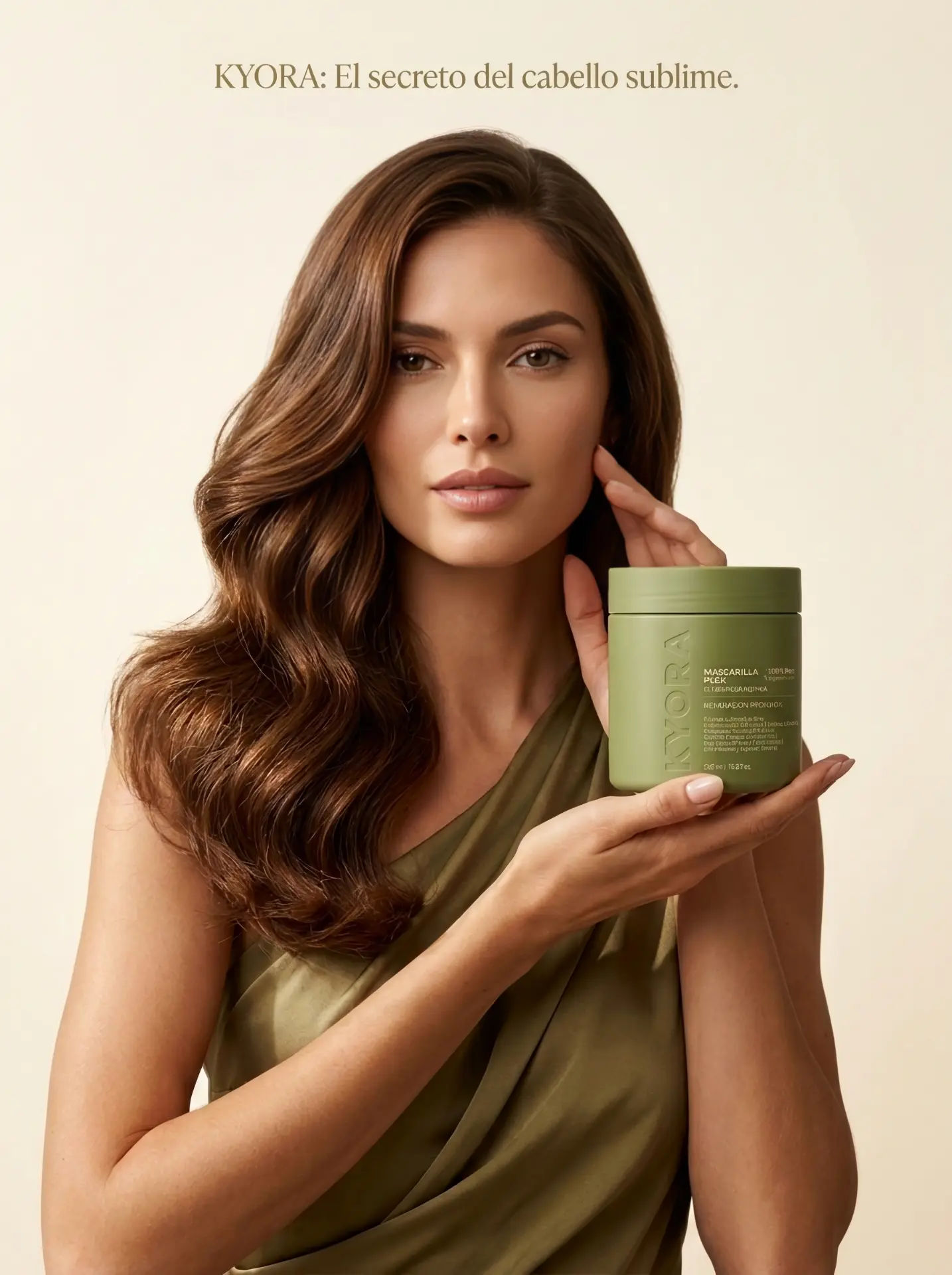 Modelo sosteniendo la mascarilla verde de Kyora en una campaña editorial