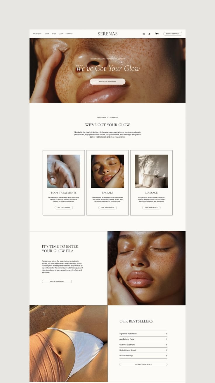 Diseño de página web para Serenas con estética editorial en tonos crema y fotografía de belleza